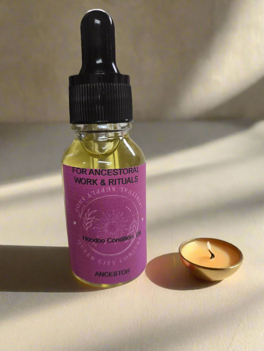 Ancestor Veneration Spiritual Oil bottle with dropper, used for honoring and connecting with ancestors in rituals.
