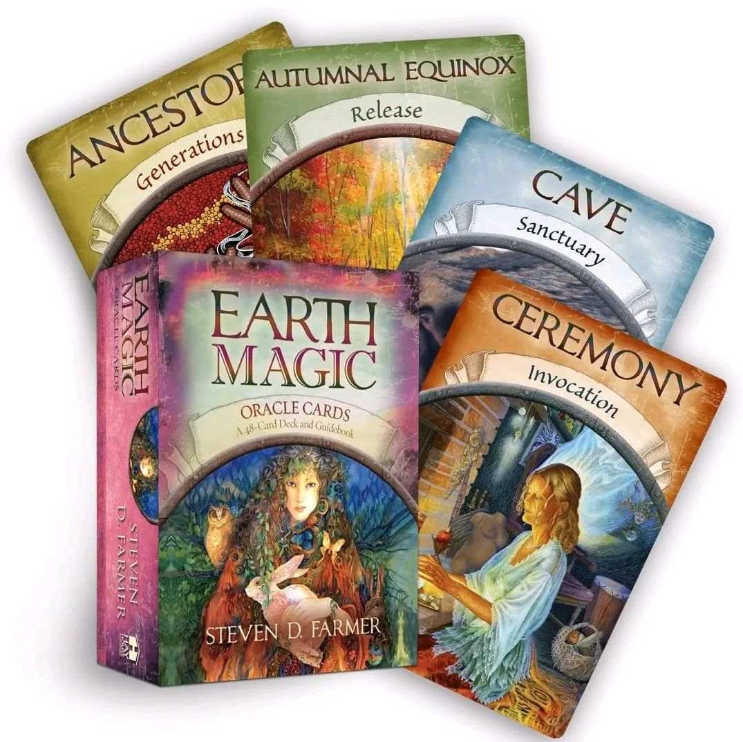 Earth Magic Oracle Deck with vibrant cards depicting nature spirits and elements.