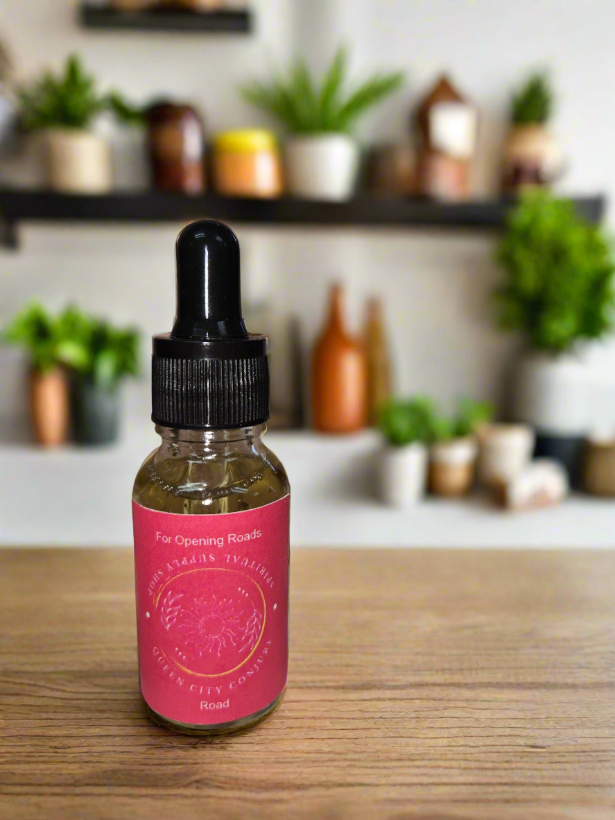 Road Opener Spiritual Conjure Oil bottle for clearing paths and attracting positive energy.