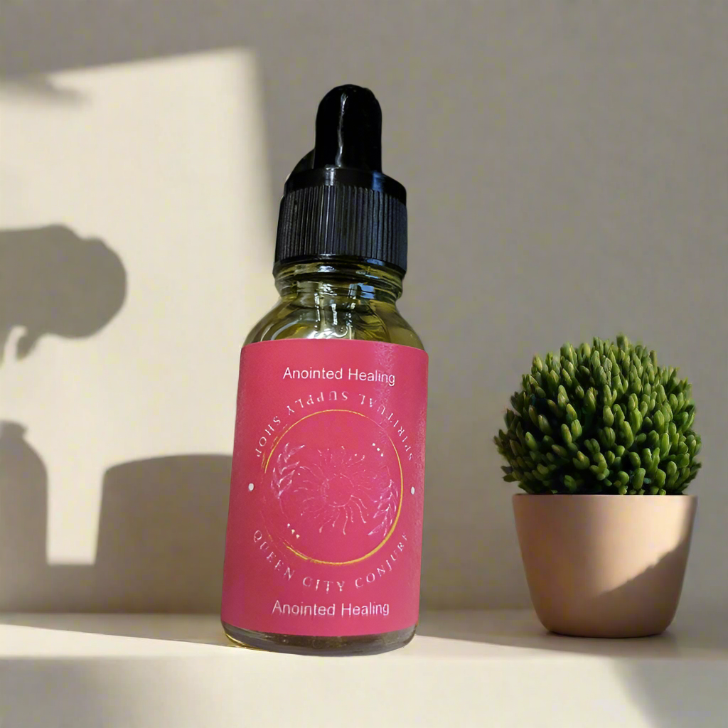 Hoodoo Anointed Healing Oil bottle with dropper for spiritual wellness and protection.