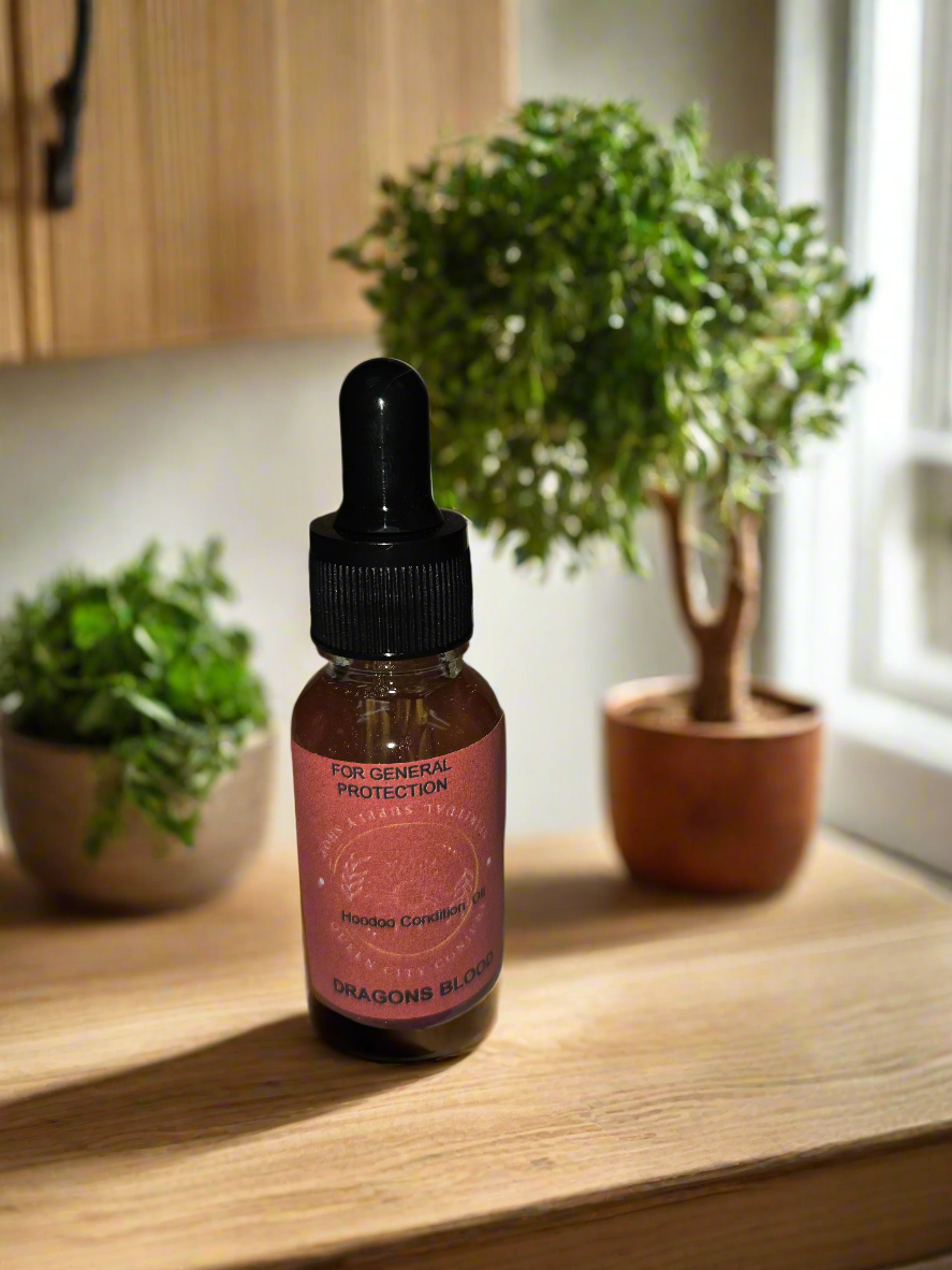 Dragon blood protection oil bottle, spiritual protection, natural herbs and resin.