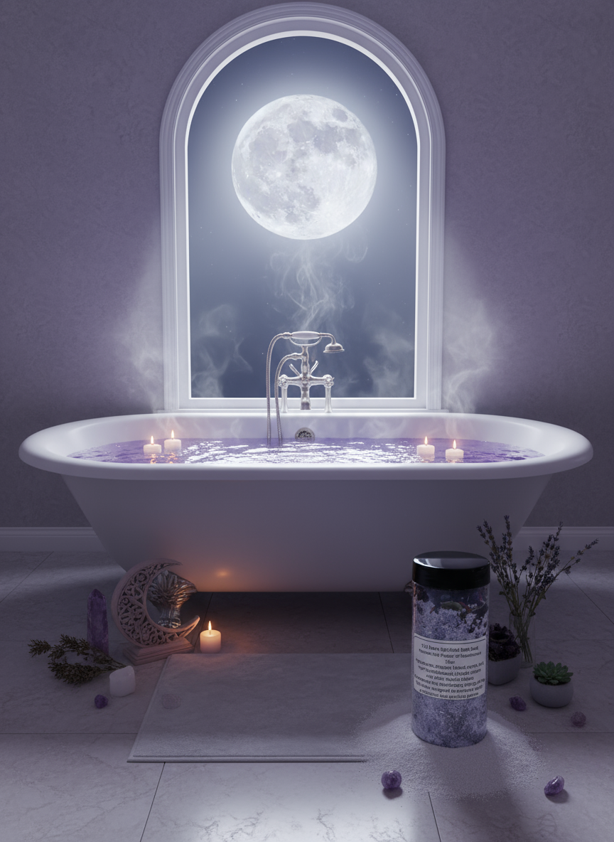 Fullmoon Spiritual Bath Tea with calming herbs beside a lavender-filled bathtub under full moonlight