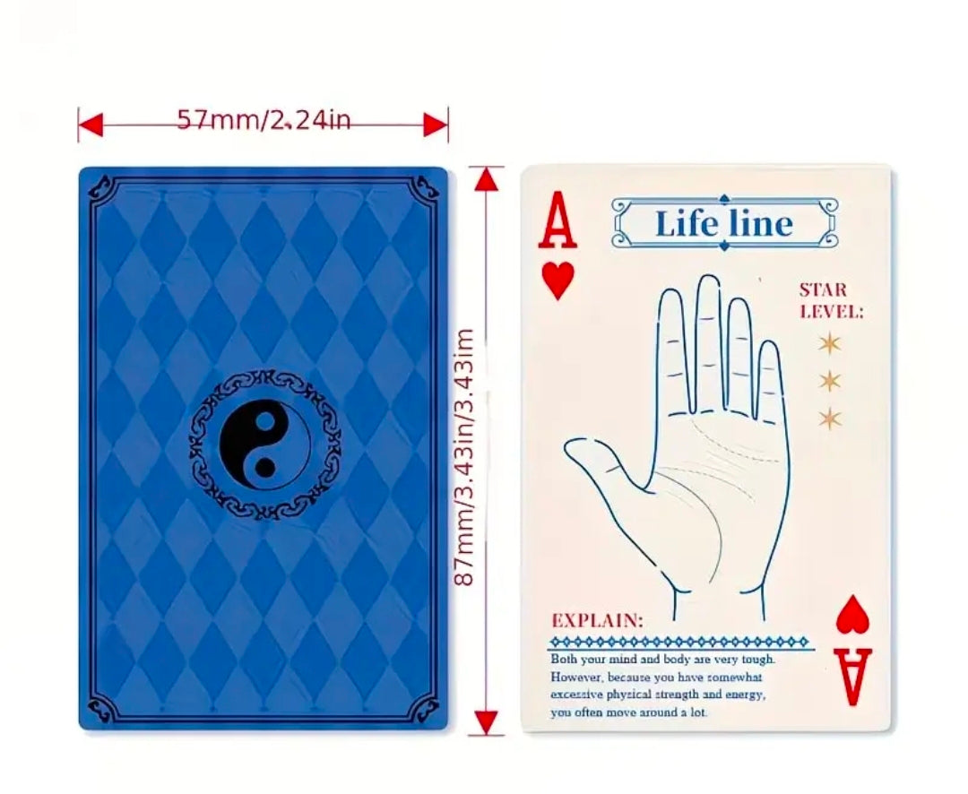 yin yang symbol and beige card with palm reading diagram 