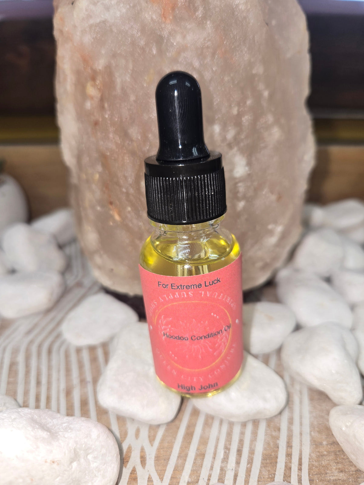 Sacred High John conjure oil bottle for extreme luck & fortune 
Queen City Conjure