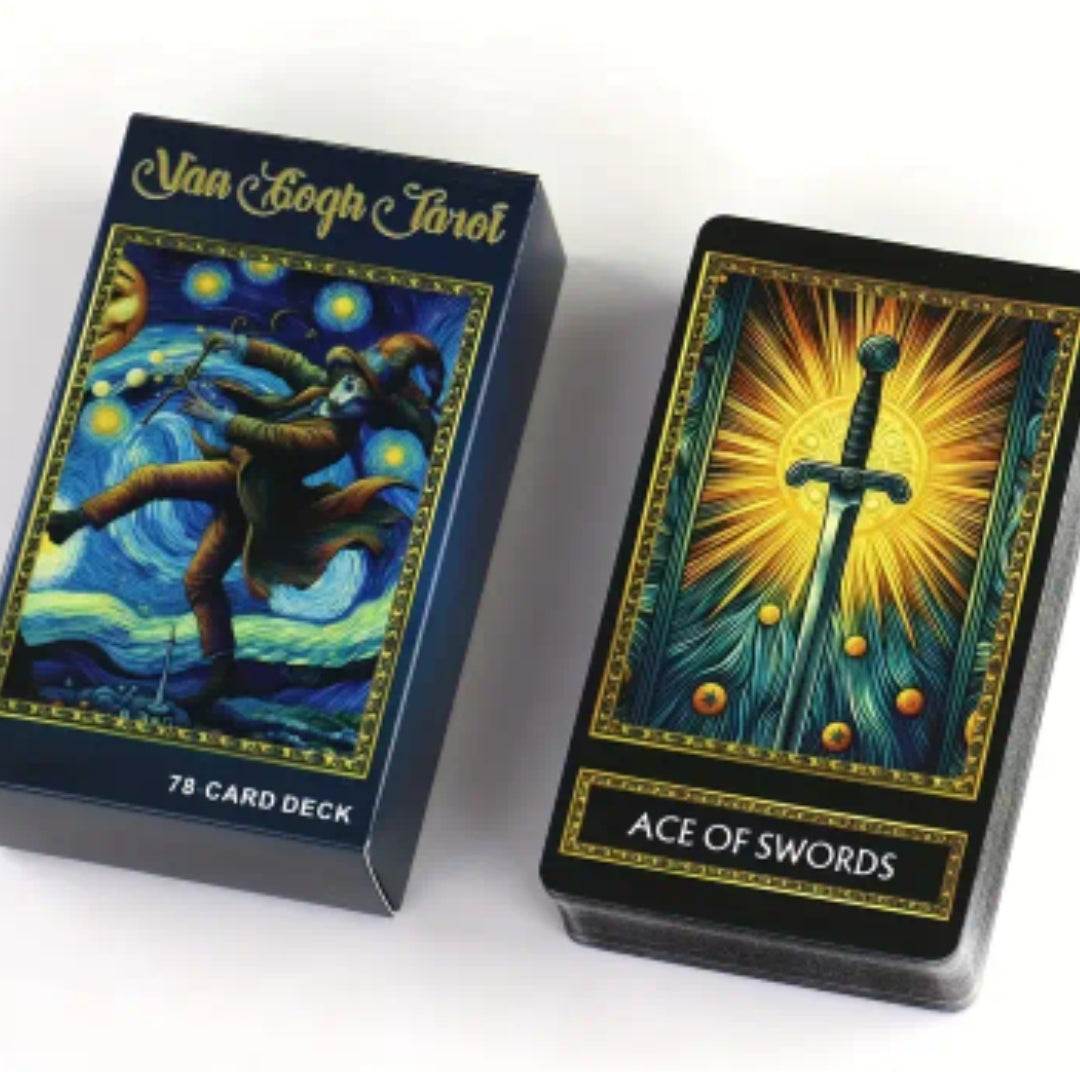 Van Gogh Tarot Cards deck featuring mystical Ace of Swords illustration.